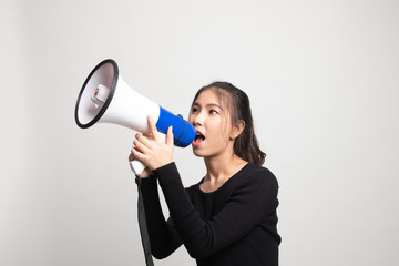 Beautiful young Asian woman announce with megaphone.