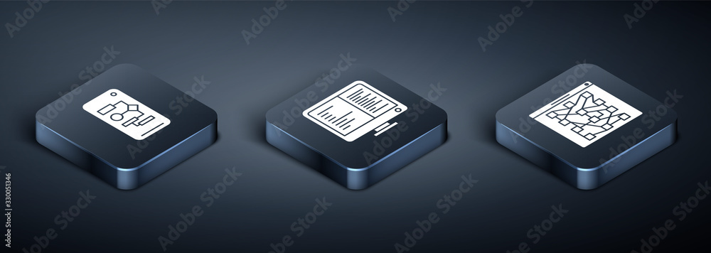 Wall mural set isometric algorithm, global technology or social network and computer monitor screen icon. vecto