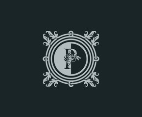 Luxury logo design with initial P. Elegant flourishes P Letter. Border carved frame logo template. Vintage vector element.