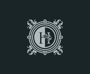 Luxury logo design with initial H. Elegant flourishes H Letter. Border carved frame logo template. Vintage vector element.