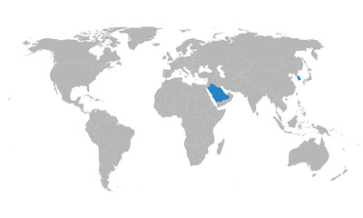 South korea, saudi arabia highlighted on world political map. Business concepts, political, trade, economic relations.