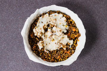 vegan shepherd's pie with lentils and mash potatoes in the making