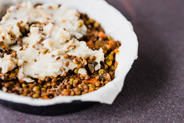 vegan shepherd's pie with lentils and mash potatoes in the making