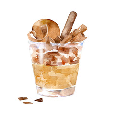 Watercolor illustration of caramel dessert. Hand drawn chocolate mousse in a cup.