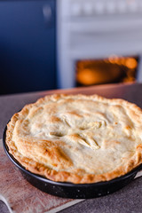 vegan shepherd's pie with lentils and mash potatoes out of the oven