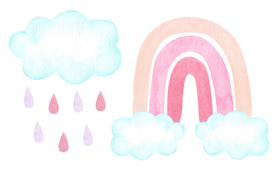 Watercolor illustration with trendy carm neutral rainbow, clouds, raindrops isolated on white.