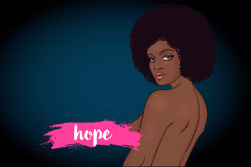 October: Breast Cancer Awareness Month, annual campaign to increase awareness of the disease. African American woman with breast cancer awareness pink ribbon, vector illustration health, medicine