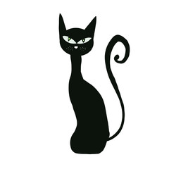 black cat isolated on white background. Cartoon hand drawing. Halloween design. Witchcraft. Magic