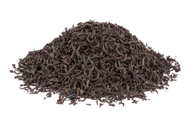 Dry black tea leaves isolated on white background