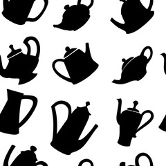 Seamless pattern of black silhouette teapots flat vector illustration on white background