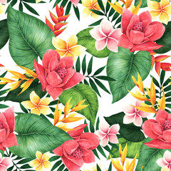 Panele Szklane  Kwiatowy wzór tropikalnych kwiatów i liści. Ilustracja tapety botanicznej w stylu hawajskim