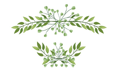 Frame top and bottom hand drawn green tree branches with leaves botanical flowers floral hand drawn scandinavian style art design element flat vector illustration