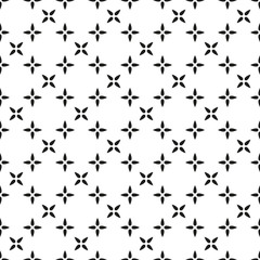 Abstract geometric diagonal seamless pattern. Black minimalistic vector flowers with four petals on white background. Simple vector illustration. Polka dot design for printing on textile, fabric