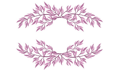 Frame top and bottom hand drawn purple tree branches with leaves botanical flowers floral hand drawn scandinavian style art design element flat vector illustration