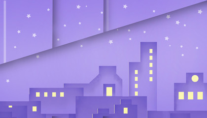 Paper art Origami Cityscape Futuristic night city with bright and glowing neon and Yellow lights on purple in Star Background.minimal and retro  style illustration - 3d rendering