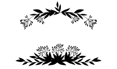 Black silhouette frame top and bottom hand drawn tree branches with leaves and berries botanical flowers floral hand drawn scandinavian style art design element flat vector illustration