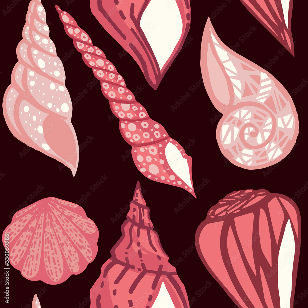 Wall mural seamless pattern big different seashell collection red tropical shells flat vector illustration on w