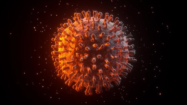 3d Render Closeup Of Red Orange Colored Corona Virus With Particles Flowing Chaotically Around It On Black Background. 4k Seamless Loop Animation. 