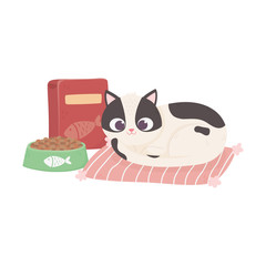 cats make me happy, cat with bowl food and box in carpet cartoon