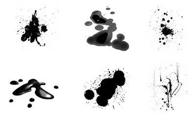 Set of 6 black ink splashes with drops and stains