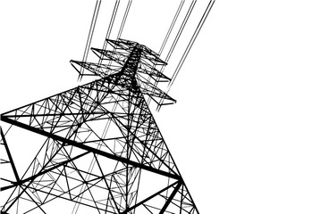 High voltage tower with wires. Black and white illustration with copy space. Minimalism. Vector illustration