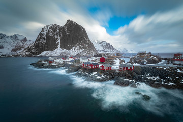 the best moment of landscape in Lofoten, Hamnoy with long exprosure.