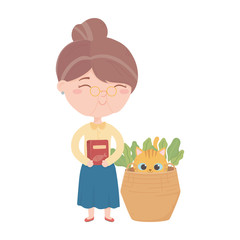 cats make me happy, elderly woman with food and cat in basket