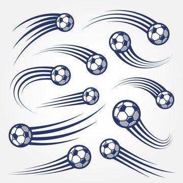 Big Set of soccer balls with curved motion trais illustrations