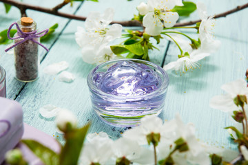 cosmetics, soaps and cherry flowers