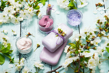 cosmetics, soaps and cherry flowers