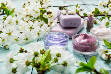 cosmetics, soaps and cherry flowers