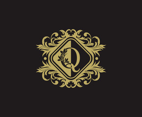 Classic logo design with initial Q. Elegant flourishes Q Letter. Border carved frame logo template. Vintage vector element.