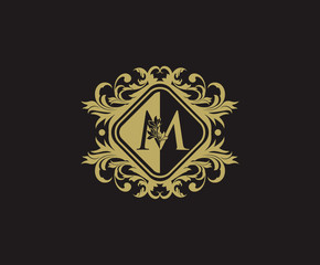 Classic logo design with initial M. Elegant flourishes M Letter. Border carved frame logo template. Vintage vector element.