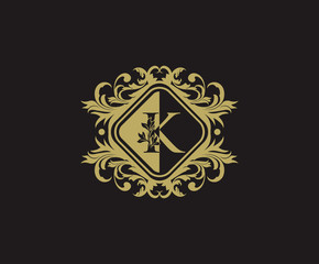 Classic logo design with initial K. Elegant flourishes K Letter. Border carved frame logo template. Vintage vector element.