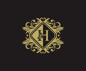 Classic logo design with initial H. Elegant flourishes H Letter. Border carved frame logo template. Vintage vector element.