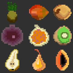 A set of nine elements of healthy food in the style of a small number of pixels, various fruits pineapple, figs, kiwi, pear and more. A set of illustrations for games and other various purposes.