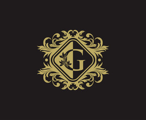Classic logo design with initial G. Elegant flourishes G Letter. Border carved frame logo template. Vintage vector element.