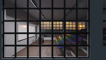 Side View of a Lecture Hall with Colorful Seats Through the Window at Sunrise 3D Rendering