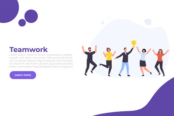 Effective time management. People completed business plan. Team rejoices task done  illustration web page template.