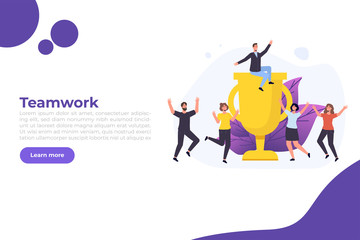 Effective time management. People completed business plan. Team rejoices task done  illustration web page template.