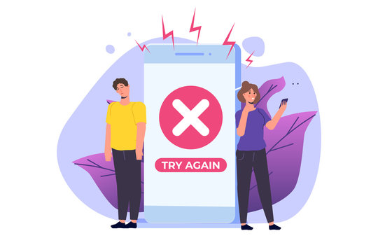 Payment error info message on smartphone. Customer cross marks failure.  illustration.