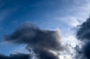 Dark clouds in the blue sky right before a storm