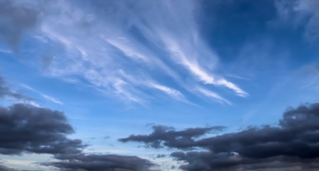 Dark clouds in the blue sky right before a storm