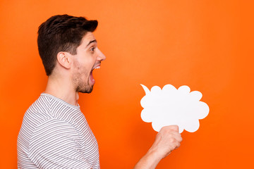 Profile photo of funny crazy guy raise arm with empty paper mind cloud yelling inside it express...