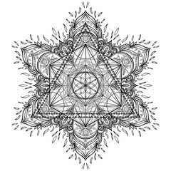 Mandala. Beautiful vintage round pattern. Hand drawn abstract background. Decorative retro banner isolated. Invitation, t-shirt print, wedding card.Tattoo, astrology, alchemy, boho and magic symbol.