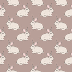 Obraz premium Seamless pattern with bunny, fluffy pet, farm (domestic) animal, isolated on beige background. Cute print with colored graphic elements for textile, fabric, wrapping paper, scrapbooking, web design