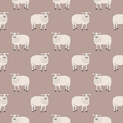 Seamless pattern with sheep, farm (domestic) animal isolated on beige background. Cute print with colored graphic elements for textile, fabric, wrapping paper, scrapbooking, web design