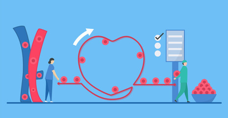 Cardiology vector illustration. On blue background, heart disease problem called arrhythmia. Blood cell flowing is good.