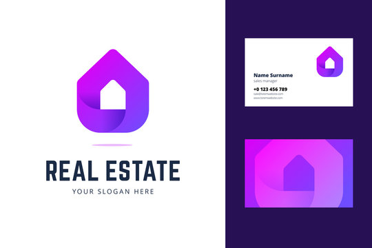 Logo and business card template for real estate, house rental services. Simple geometric house symbol in modern gradient line style. Vector illustration.
