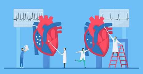 Cardiology vector illustration. This heart disease problem is tachycardia arrhythmia. Comparison of unusual and normal signals from left to right respectively. Tiny flat design.